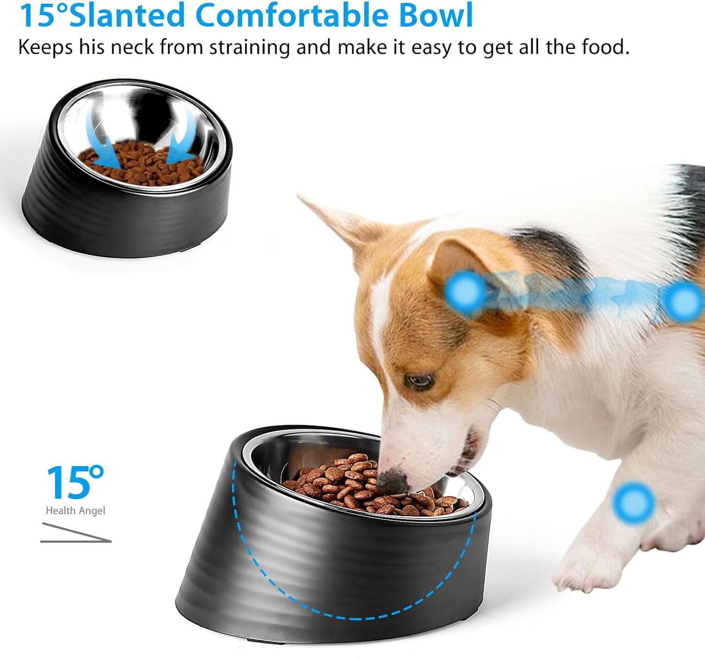 Tilted Slanted Dog Bowl 1 Cup, 15° Tilted Stainless Steel Dog Cat Food Bowl, Non-Slip & Non-Spill Pet Feeder with Elevated Detachable Melamine Stand, Easy to Get Food Dish, Medium Black
