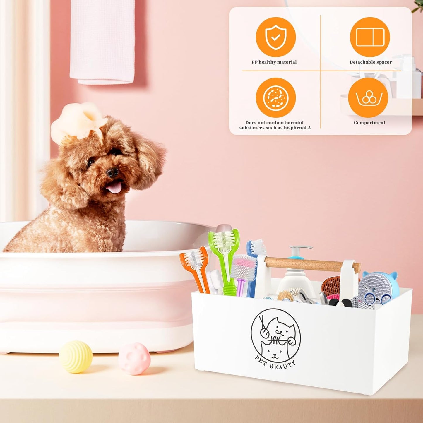 Dog Storage Organizer,Dog Grooming Organizer,Portable Shower Caddy Organizer for Dog Cat Stuff,Divided Basket Bin Storage for Dog Cat Grooming Kit,Shampoo,Trimmer,Clipper,Combo,Brush