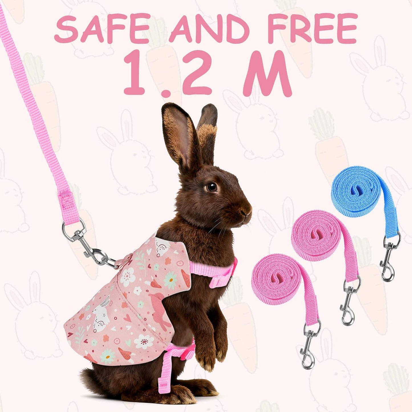Bunny Harness and Leash Set for Rabbits & Small Pets - 3-Piece Escape-Proof Rabbit Harness with Adjustable Clothes (Light Pink/Pink/Light Blue) - Soft Bunny Leash for Guinea Pigs, Ferrets & More