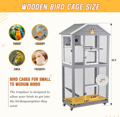 65in Outdoor Bird Aviary with Wheels,Wooden Bird Cage Indoor Finches Cage Flight cage Wire Mesh,Easy Clean Tray Perches Nest Feeder