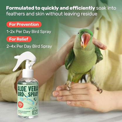 Aloe Vera Bird Spray - 8.5oz/251mL - [Made in USA] - Non-Toxic Bird Bath Relieves Dry/Itchy Skin & Softens Feathers - Safe & Effective for All Birds - Promote Healthy Plumage - Odor-Free