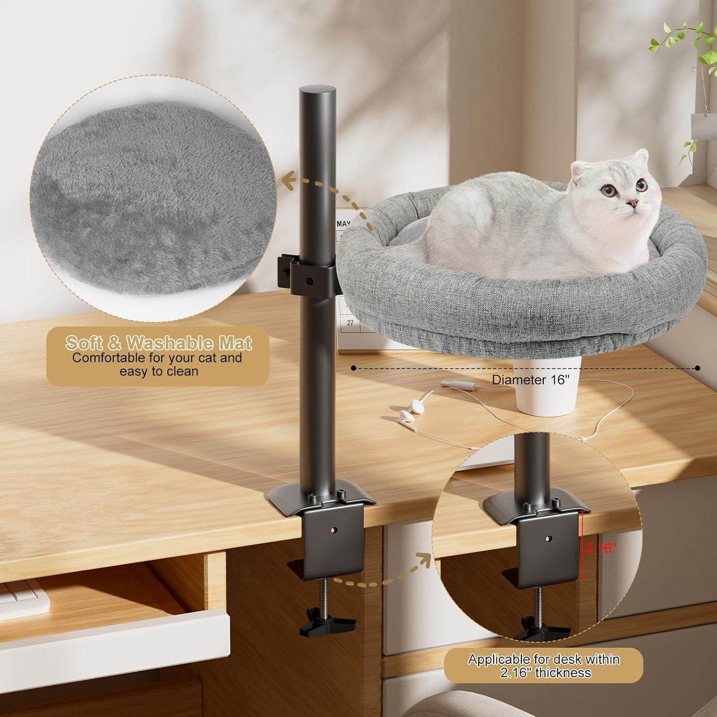 Cat Bed - Desk Cat Nest with 360 Rotation & Adjustable Height - Soft & Comfortable - Indoor Cats Up to 40 lbs (Grey)
