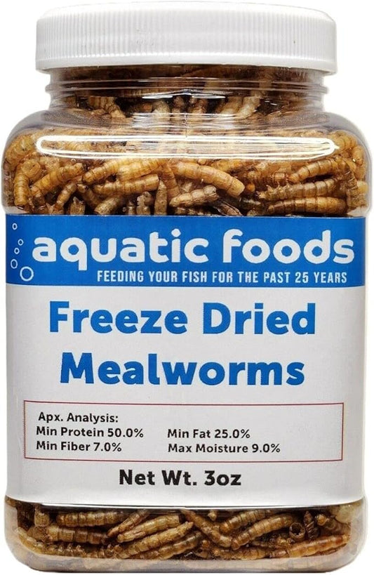 Aquatic Foods Inc. Mealworms- Freeze Dried Mealworms for Tropical Fish, Pond Fish, Reptiles, Turtles, Tortoises, Frogs, Hamsters, Birds, Rodents…3oz Small Jar