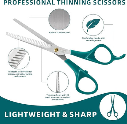 Professional Pet Grooming Kit, Stainless Steel Dog & Cat Grooming Shears with Rounded Tip Blades for Safe Fur Trimming, Thinning Shears, Straight Scissors, and Pet Comb (Set of 3)