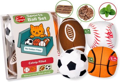 Agape Natural Cat Toys, 100% Catnip & Silvervine Filled, Interactive Chew and Kicker Balls for Indoor Cats, Enrichment and Teeth Cleaning Fun for Bored Cats and Kittens, 4 Pack Crinkle Cat Toys