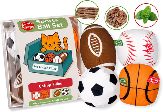 Agape Natural Cat Toys, 100% Catnip & Silvervine Filled, Interactive Chew and Kicker Balls for Indoor Cats, Enrichment and Teeth Cleaning Fun for Bored Cats and Kittens, 4 Pack Crinkle Cat Toys