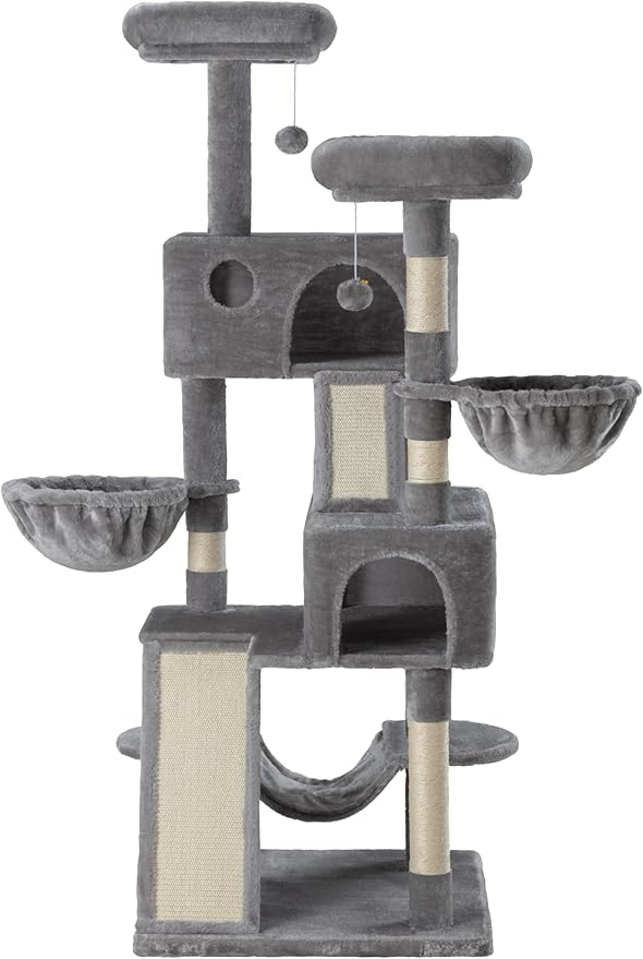 SHA CERLIN 65in Larger Cat Tree Tower Condo for Indoor Kitties/Multi-Level Furniture Activity Center with Wide Base/Cozy Plush Cat Perches/Baskets/Sisal Scratching Posts and Hammock/Grey
