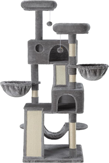SHA CERLIN 65in Larger Cat Tree Tower Condo for Indoor Kitties/Multi-Level Furniture Activity Center with Wide Base/Cozy Plush Cat Perches/Baskets/Sisal Scratching Posts and Hammock/Grey