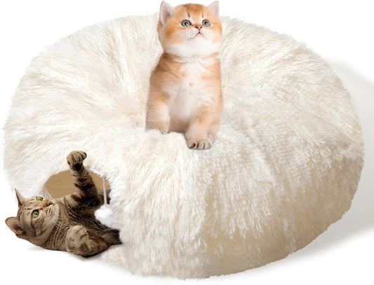Cat Tunnel Bed for Indoor Cats, Peekaboo Cat Cave with Washable Soft Play Mat, Furry Cat Tube, for Kitten/Puppy/Rabbit, Beige