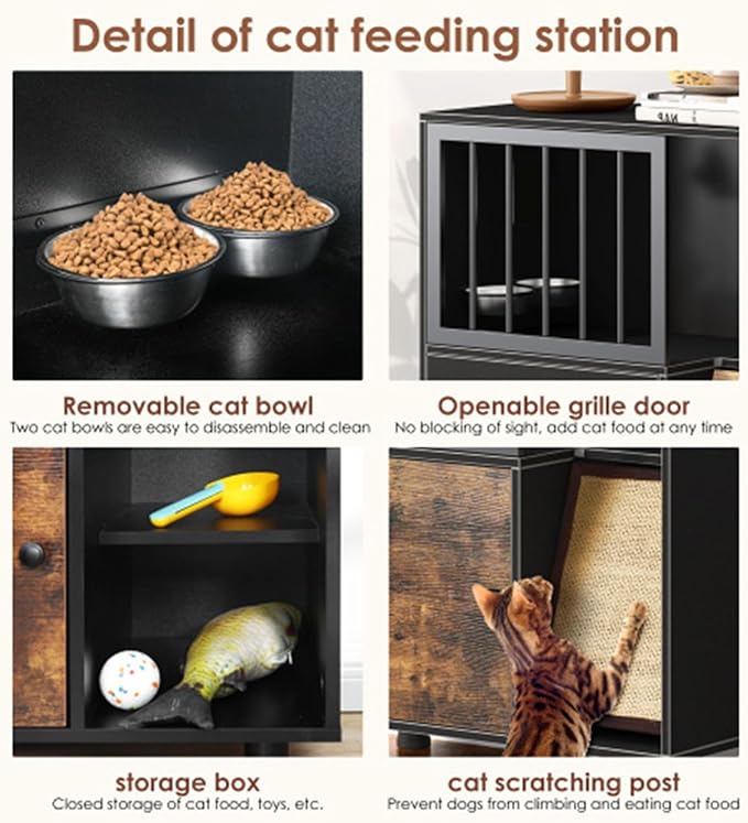 Wood Dog Proof Cat Feeding Station with Storage Box and Removable Bowl, Outdoor Cat Feeding Table with Scratching Board, Vintage Pet Furniture for Indoor