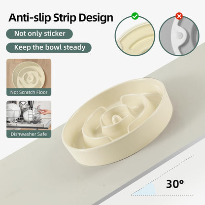 Ceramic 1.2 Cup Raised Slow Feeder Dog Bowl Set, Elevated 6.1inch Bowl and 7.3inch Puzzle Slow Food Dish with Wooden Stand for Medium and Small Dog, Anti-Gulping (2 x Beige+ Stand)