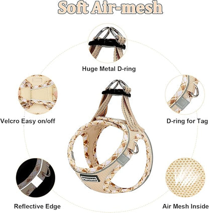 Mercano Soft Mesh Dog Harness and Leash Set, No-Chock Step-in Reflective Breathable Lightweight Easy Walk Vest Harnesses with Safety Buckle for Small Dogs, Cats (Beige, S)