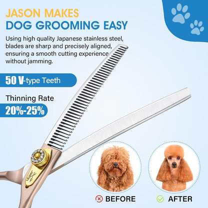 JASON Updated Curved Thinning Shears - 7” Professional Dog Grooming Scissors, 440C Stainless Steel, Adjustable Screws, 20%-25% Thinning Rate