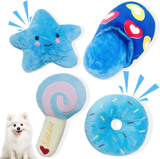 Dog Toys for Small Dogs, 4 Packs Cute Chew Toys for Puppy, Durable Soft Plush Interactive Small Dog Toys, Blue Stars Designs, Doggie Birthday Gifts