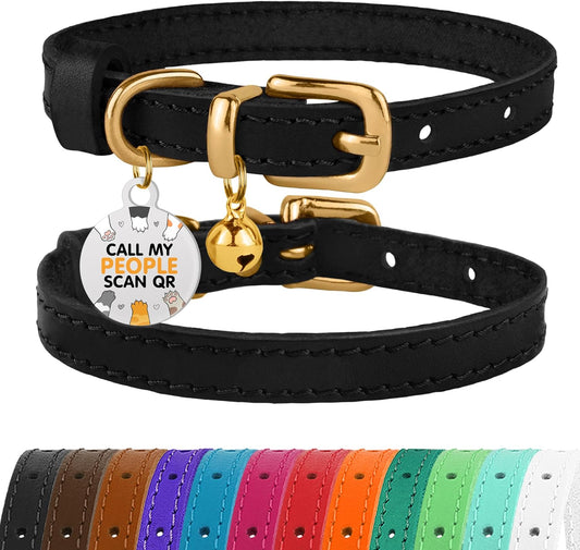 BRONZEDOG Leather Cat Collar with Removable Bells Non Breakaway Kitten QR Tag for Girl Boy (9" - 12" Cats/Mini Dogs, Black & Gold)