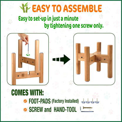 Dog Bowl Stand (9-inch Tall) for Medium Breeds - Use to Raise, Elevate Dog Food/Water Single Bowls and Feeders, Adjustable - Bamboo