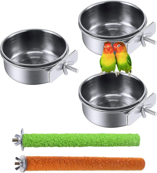 PINVNBY Stainless Steel Food Bowls for Birds,Bird Feeding Dish Cups Parrot Water Feeder Bowl with Clamp Holder Paw Grinding Perches for Budgies Parakeet Macaw Small Animal(5 Pack)