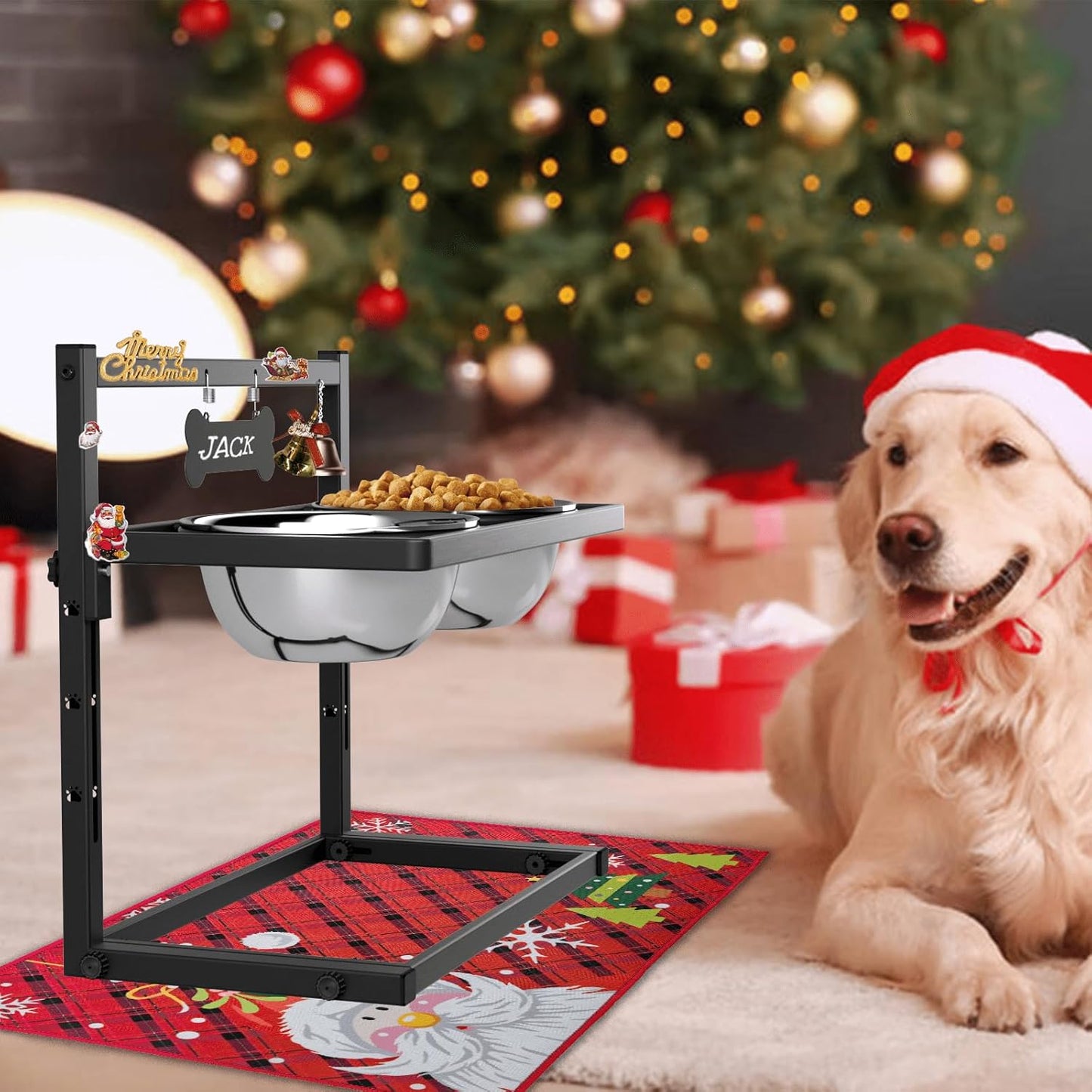 SHAINFUN Christmas Elevated Slow Feeder Dog Bowls with Mat for Large Dogs, Adjustable Height, Tall Raised Dog Food Water Bowl Stand Gift for Dogs