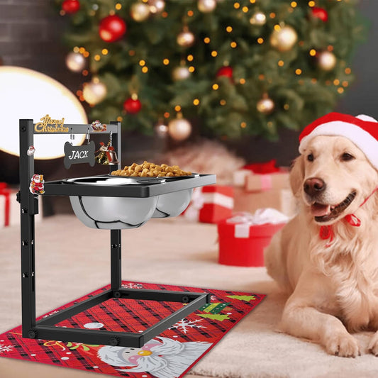 SHAINFUN Christmas Elevated Slow Feeder Dog Bowls with Mat for Large Dogs, Adjustable Height, Tall Raised Dog Food Water Bowl Stand Gift for Dogs
