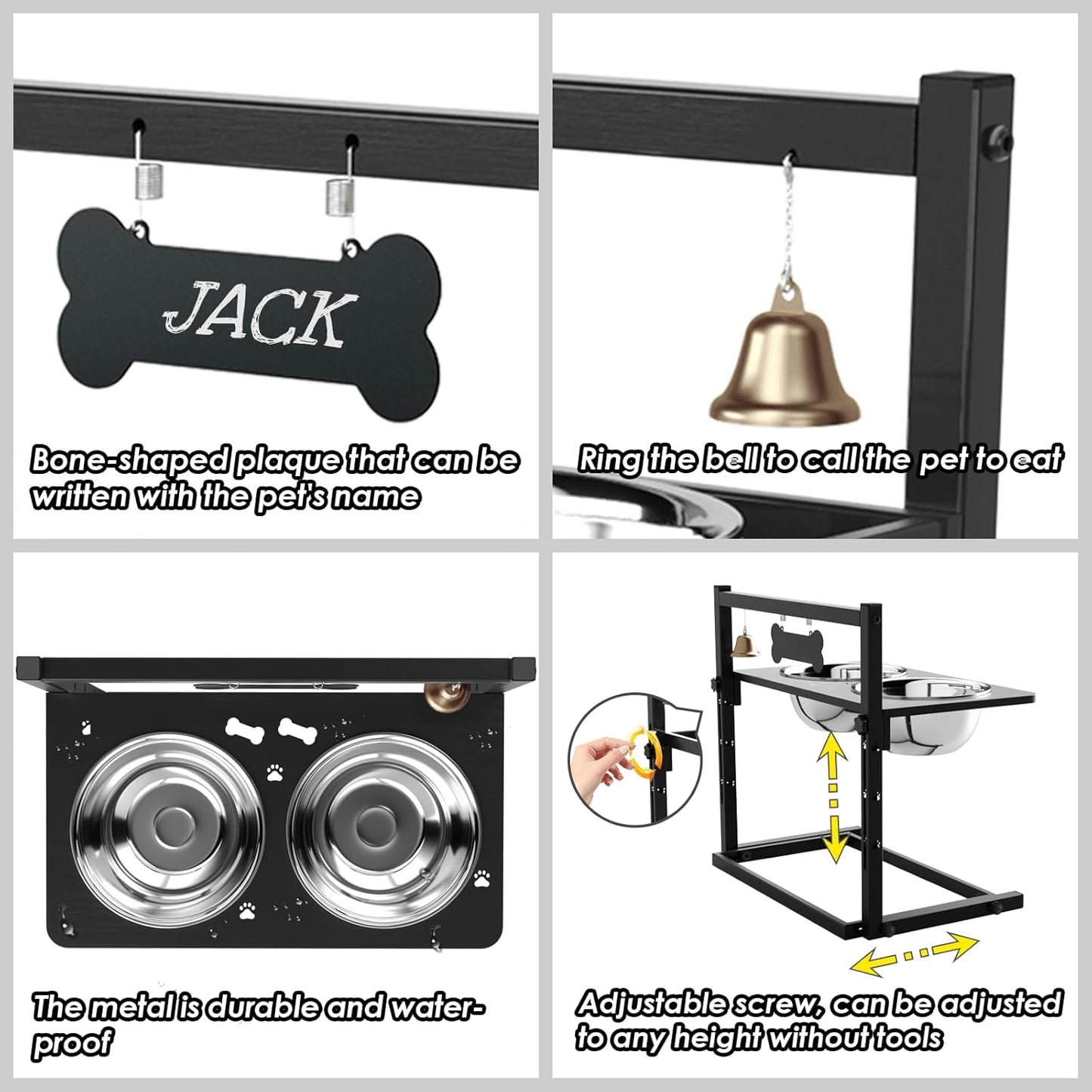 Elevated Dog Bowls With Mat, Adjustable Height 4.3-11.8'', Two 1.7L Stainless Steel Food & Water Bowls, Metal Raised Stand for Large, Medium Dogs