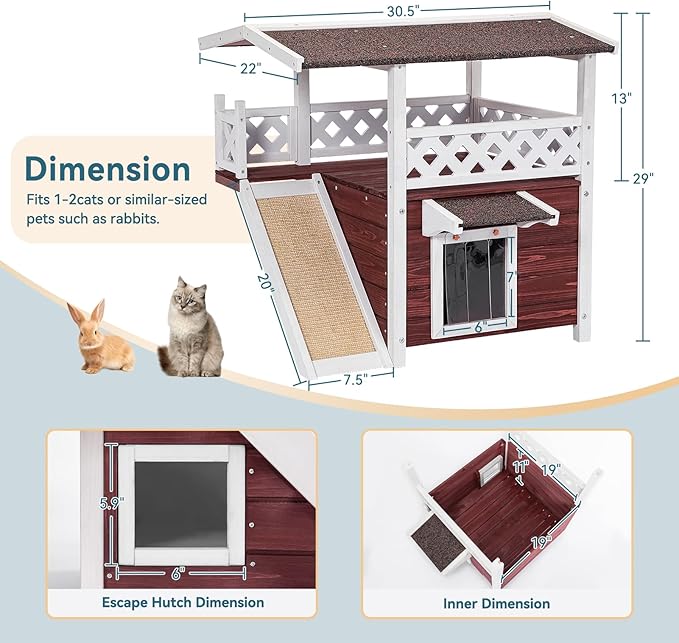 Petsfit Outdoor Cat House Weatherproof, Wooden Outside Feral Cat Shelter with Scratch, 2 Story Cat Houses for Indoor Cats Small Dogs with Escape Door(Red)