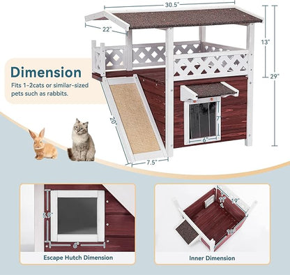 Petsfit Outdoor Cat House Weatherproof, Wooden Outside Feral Cat Shelter with Scratch, 2 Story Cat Houses for Indoor Cats Small Dogs with Escape Door(Red)
