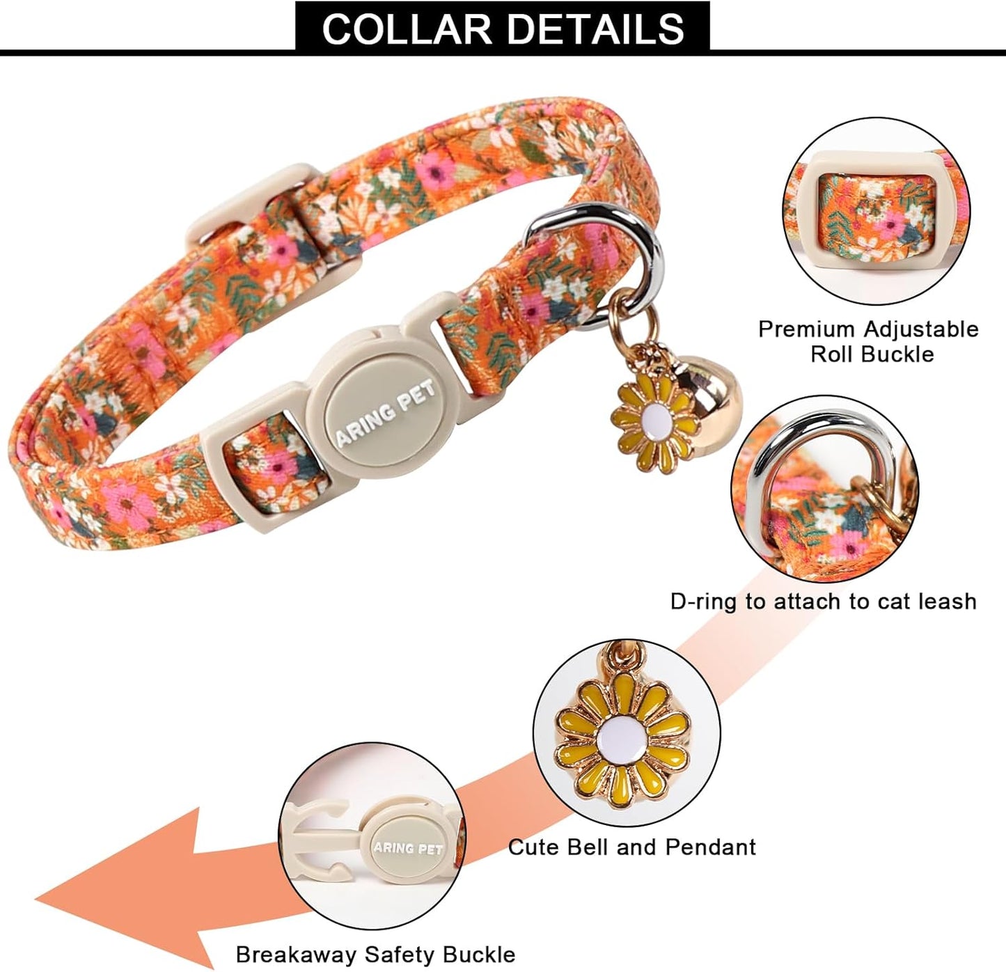 ARING PET 2 Pack Cat Collars, Breakaway Cotton Fall Halloween Kitten Collar with Bells for Girl Boy Cats Floral & Orange Plaid