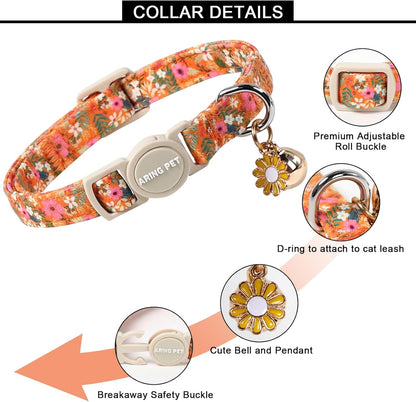 ARING PET 2 Pack Cat Collars, Breakaway Cotton Fall Halloween Kitten Collar with Bells for Girl Boy Cats Floral & Orange Plaid