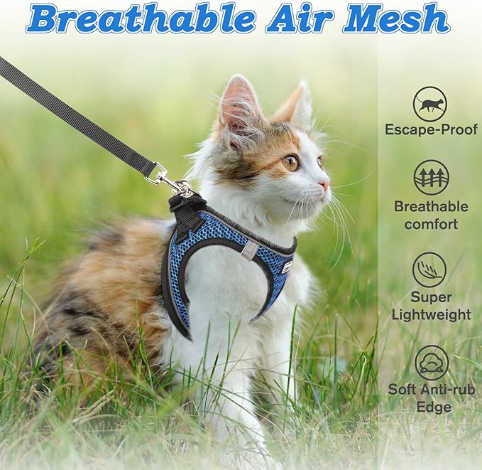 Cat Harness and Leash for Walking Escape Proof, Adjustable Kitten Vest Harness Reflective Soft Mesh Puppy Harness for Outdoor, Comfort Fit, Easy to Control (Blue, L)