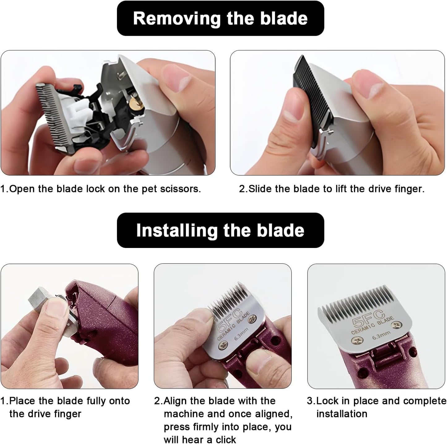 Detachable Pet Dog Clipper Blades, Compatible with Size-5FC(6.3mm), Most Oster A5, KM Series Clippers,Made of Ceramic Blade & Stainless Steel Blade 2Pack