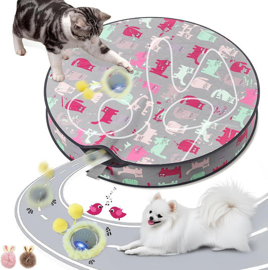 Interactive Cat Toys for Indoor Cats, Automatic Motion Toy in Pouch, Activated Fast Rolling Ball in Play Mat, Hide and Seek Mouse Catching Game with Chirping, LED Light, Auto On/Off (Grey)