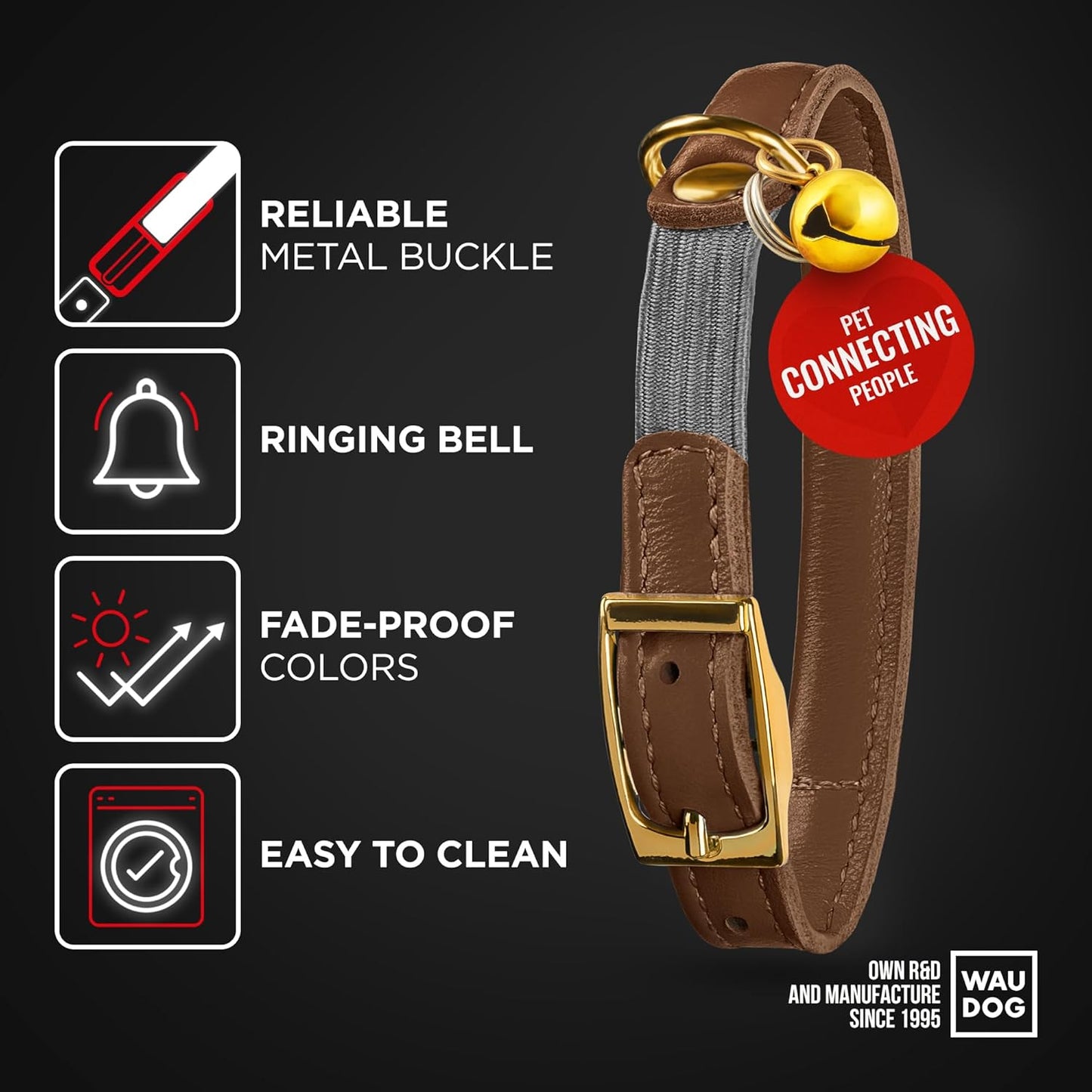 WAUDOG Ultra Soft Rolled Leather Cat Collar with Removable Bell, Safety Elastic Strap and QR ID Tag - Soft Padded for Small, Medium, and Large Cats - Round Kitten Collar for Male and Female Cats