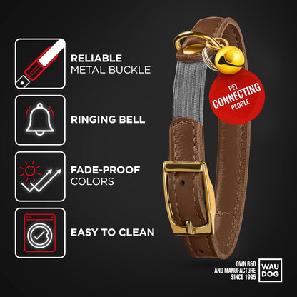 WAUDOG Ultra Soft Rolled Leather Cat Collar with Removable Bell, Safety Elastic Strap and QR ID Tag - Soft Padded for Small, Medium, and Large Cats - Round Kitten Collar for Male and Female Cats