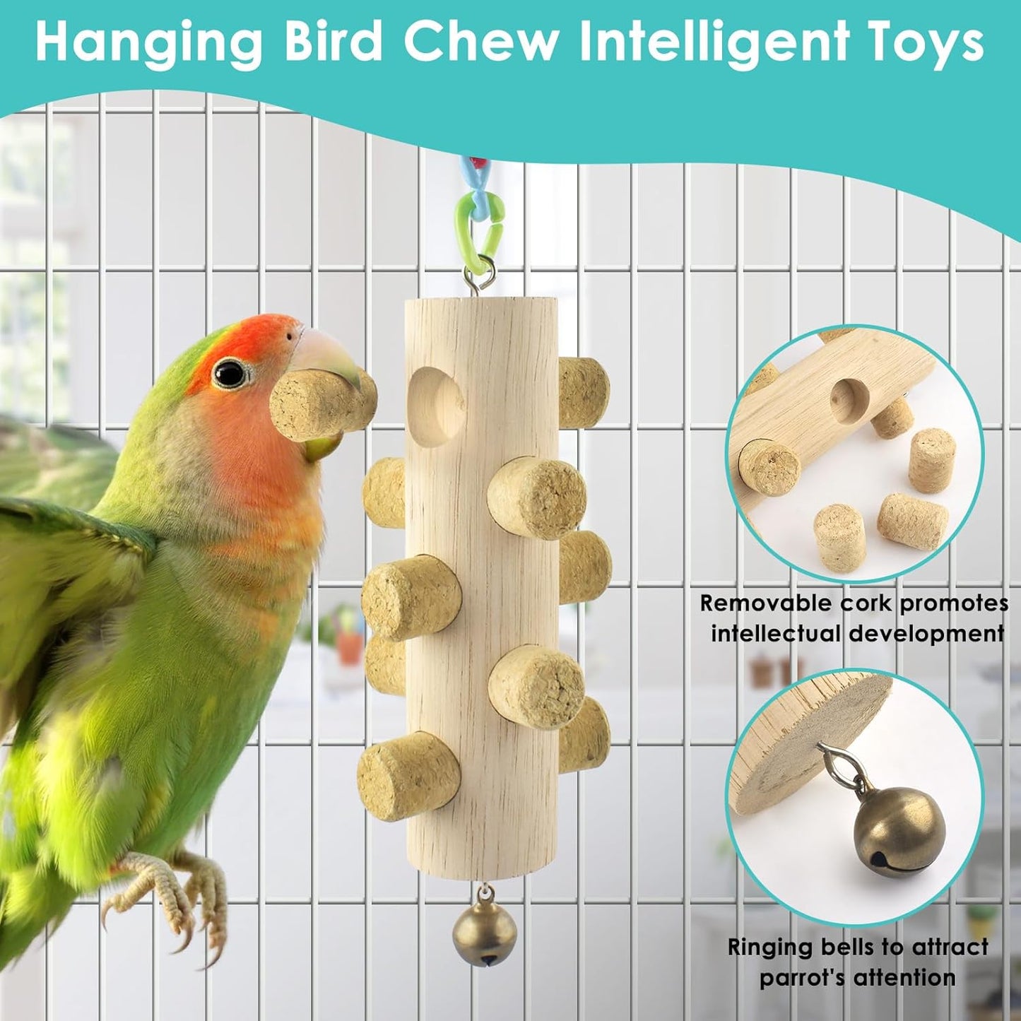 3pcs Natural Wood Bird Chewing Toys, Parrot Rotating Perch Stand, L-Shaped Perches with Chew Block, Hanging Cork Stopper Toys, Bird Cage Accessories for Parakeets Cockatiels Conures Lovebirds