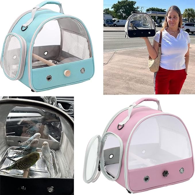 Bird Carrier, Portable Small Bird Parrot Parakeet Carrier with Standing Perch, Side Access Window Collapsible (Pink, Mesh Windows)