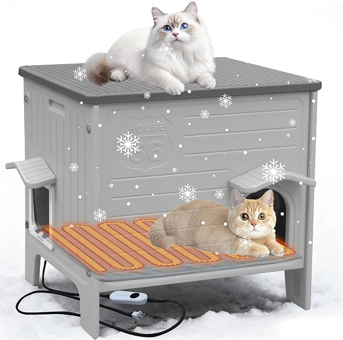 Heated Cat House for Outside Weatherpoof Plastic Cats Houses Outdoor with Escape Door Indoor Waterproof Feral/Pet Cat Shelter for Puppy, Rabbit(Grey)