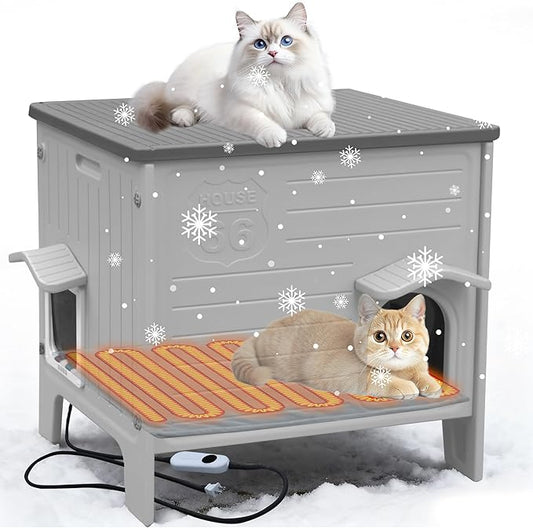 Heated Cat House for Outside Weatherpoof Plastic Cats Houses Outdoor with Escape Door Indoor Waterproof Feral/Pet Cat Shelter for Puppy, Rabbit(Grey)