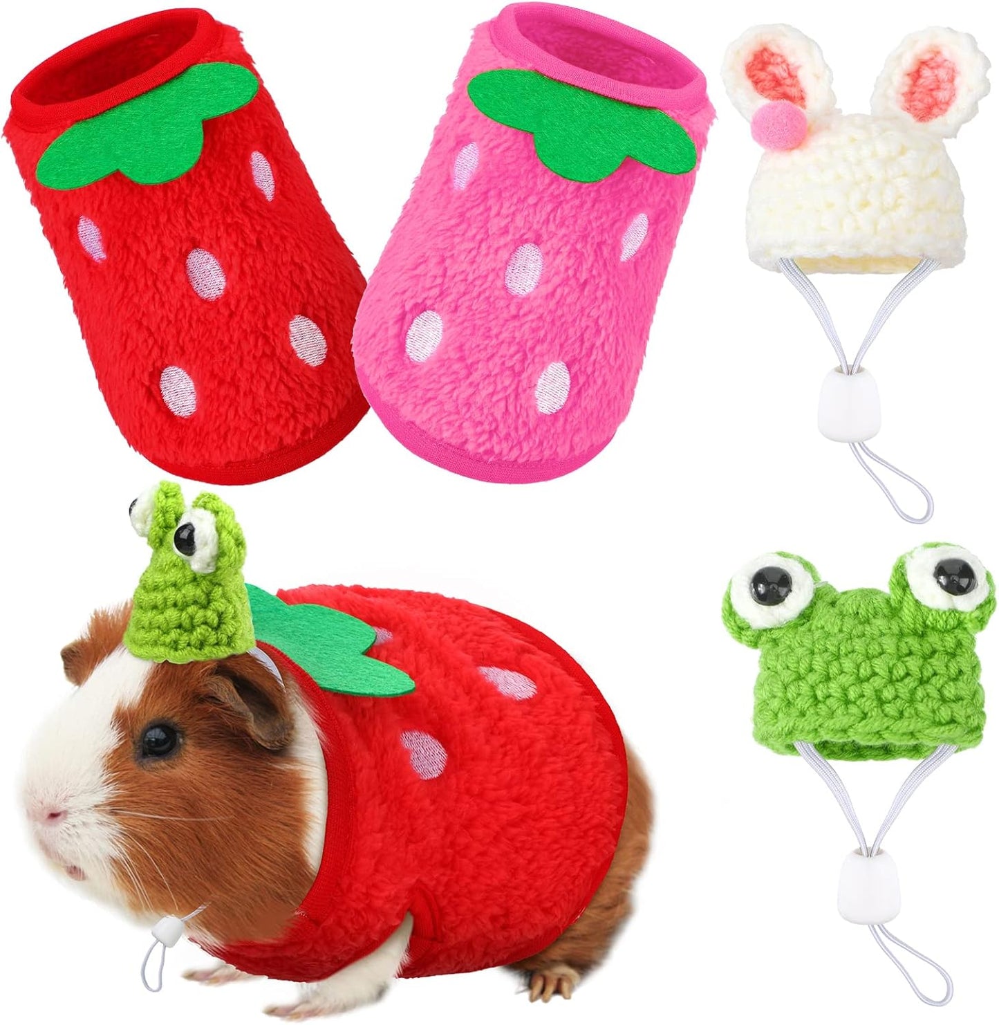 Mixweer 4 Pieces Guinea Pig Stuff Includes 2 Guinea Pig Clothes and 2 Cute Mini Hats with Adjustable Strap Small Animal Warm Vest Cozy Hand Knitted Hat for Hamster Bunny(Frog Style)