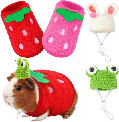 Mixweer 4 Pieces Guinea Pig Stuff Includes 2 Guinea Pig Clothes and 2 Cute Mini Hats with Adjustable Strap Small Animal Warm Vest Cozy Hand Knitted Hat for Hamster Bunny(Frog Style)