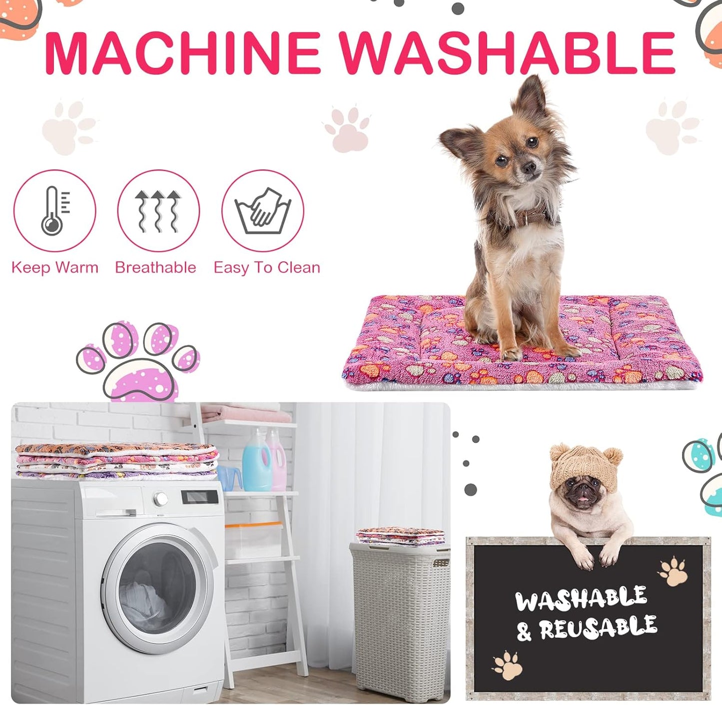 Tuanse 4 Pack Ultra Soft Dog Cat Bed Mat with Cute Prints Reversible Fleece Dog Crate Kennel Pad Cozy Washable Thickened Hamster Guinea Pig Pet Bed Mat for Small Animals(23 x 18 Inches,Vivid Color)