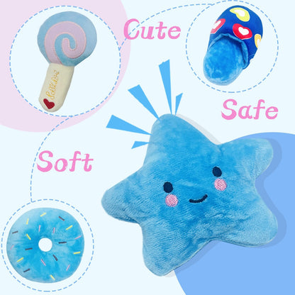 Dog Toys for Small Dogs, 4 Packs Cute Chew Toys for Puppy, Durable Soft Plush Interactive Small Dog Toys, Blue Stars Designs, Doggie Birthday Gifts
