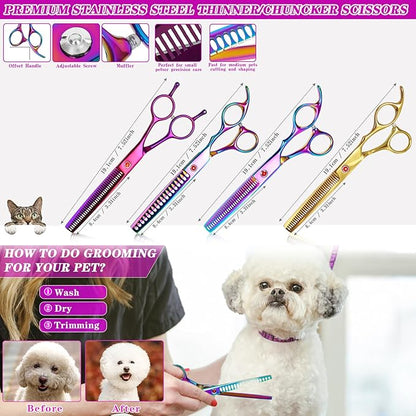 7.5 Inch Thinning Dog Grooming Blending Scissor, Ergonomic Pet Grooming Thinner Blender Shears Cat Trimming Texturizing Kit with Offset Handle (Purple)