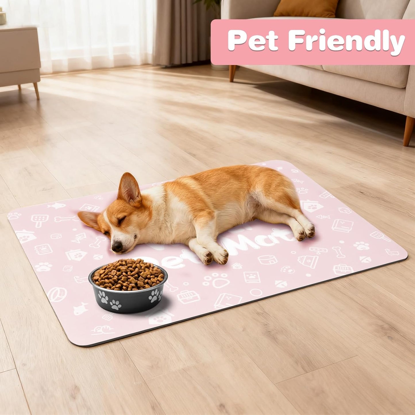 Pet Feeding Mat,Dog Cat Mat for Food and Water,Dog Bowl Waterproof Placemat with Rubber Backing,Absorbent Quick Dry Water Dispenser Mat for Pet（Pink 17"×29"）
