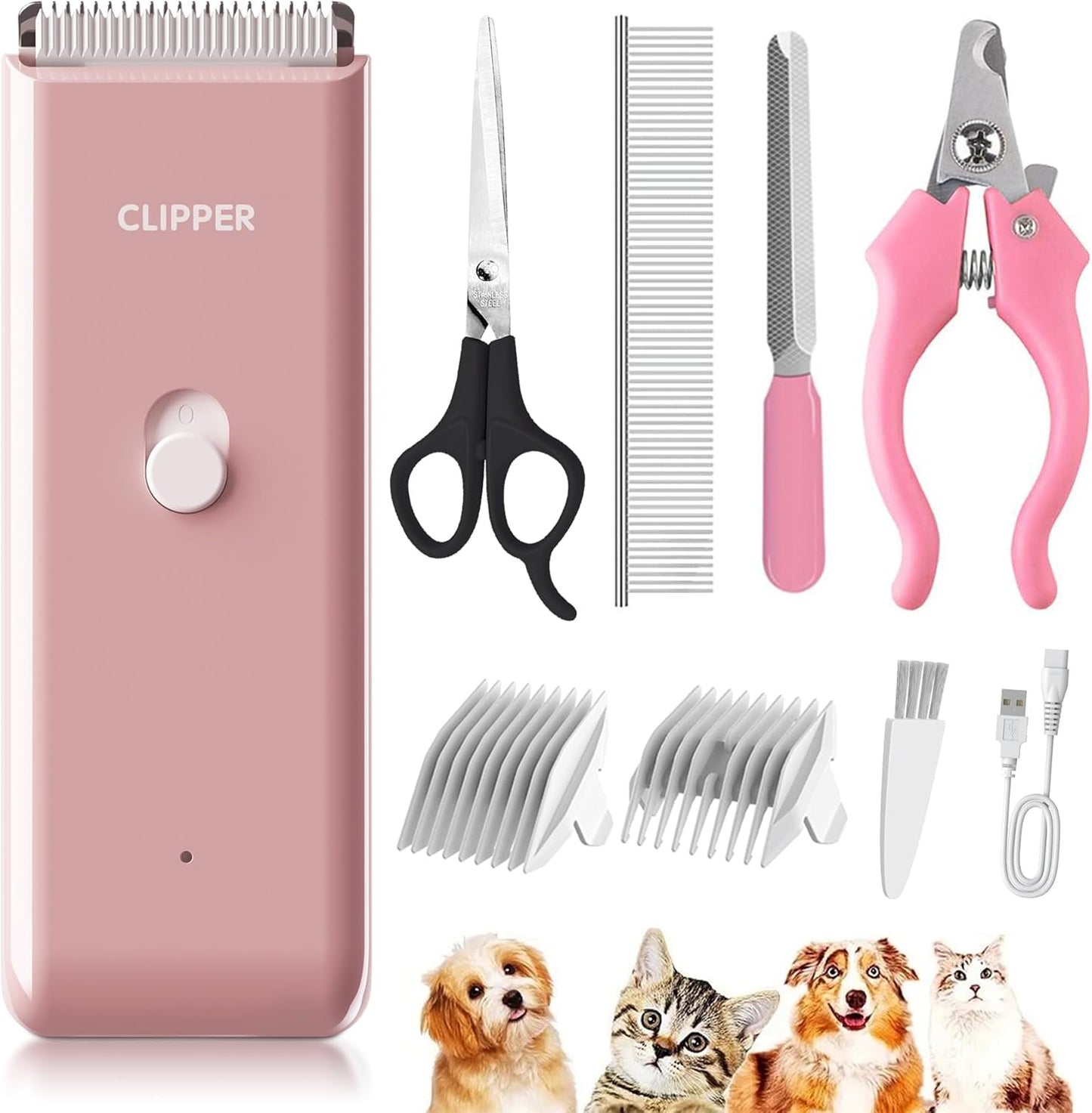 Pink Dog Cat Clippers, Home Professional Cordless Cat Grooming Tools for Dog Thick Coat Clippers, Low Noise Pet Hair Trimmer Kits with 9-Pieces