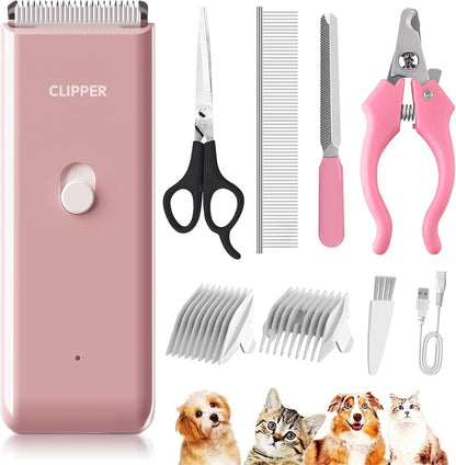 Pink Dog Cat Clippers, Home Professional Cordless Cat Grooming Tools for Dog Thick Coat Clippers, Low Noise Pet Hair Trimmer Kits with 9-Pieces
