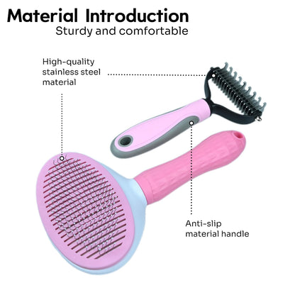 Pet Grooming Combo — Shedding Brush with Metal Comb for Detangling and Removing Undercoat in Long-Haired Dogs and Cats. helping reduce shedding by up to 95%.