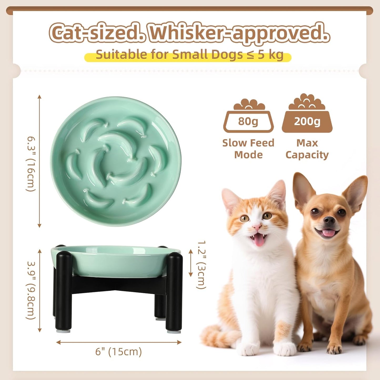 Elevated Slow Feeder Cat Bowl - Ceramic Cat Food Dish with Anti-Slip Stainless Steel Stand - Raised Maze Plate for Slow Eating - Mint Green