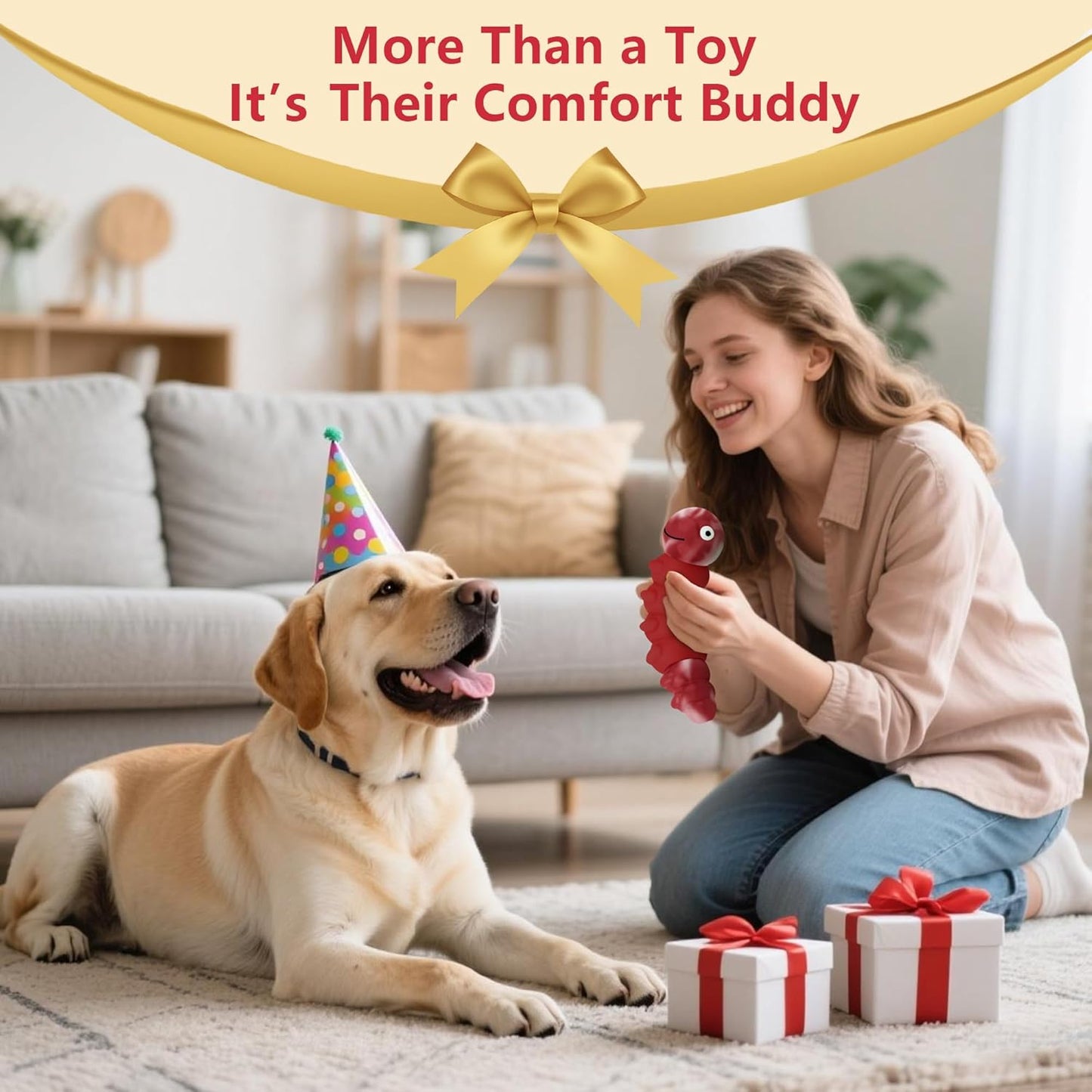 Caterpillar Dog Chew Toys for Aggressive Chewers, Tough Indestructible Squeaky Dog Toy with Beef Flavor Nylon Rubber for Large Medium Dogs to Keep Them Busy and Reduce Boredom (Red)