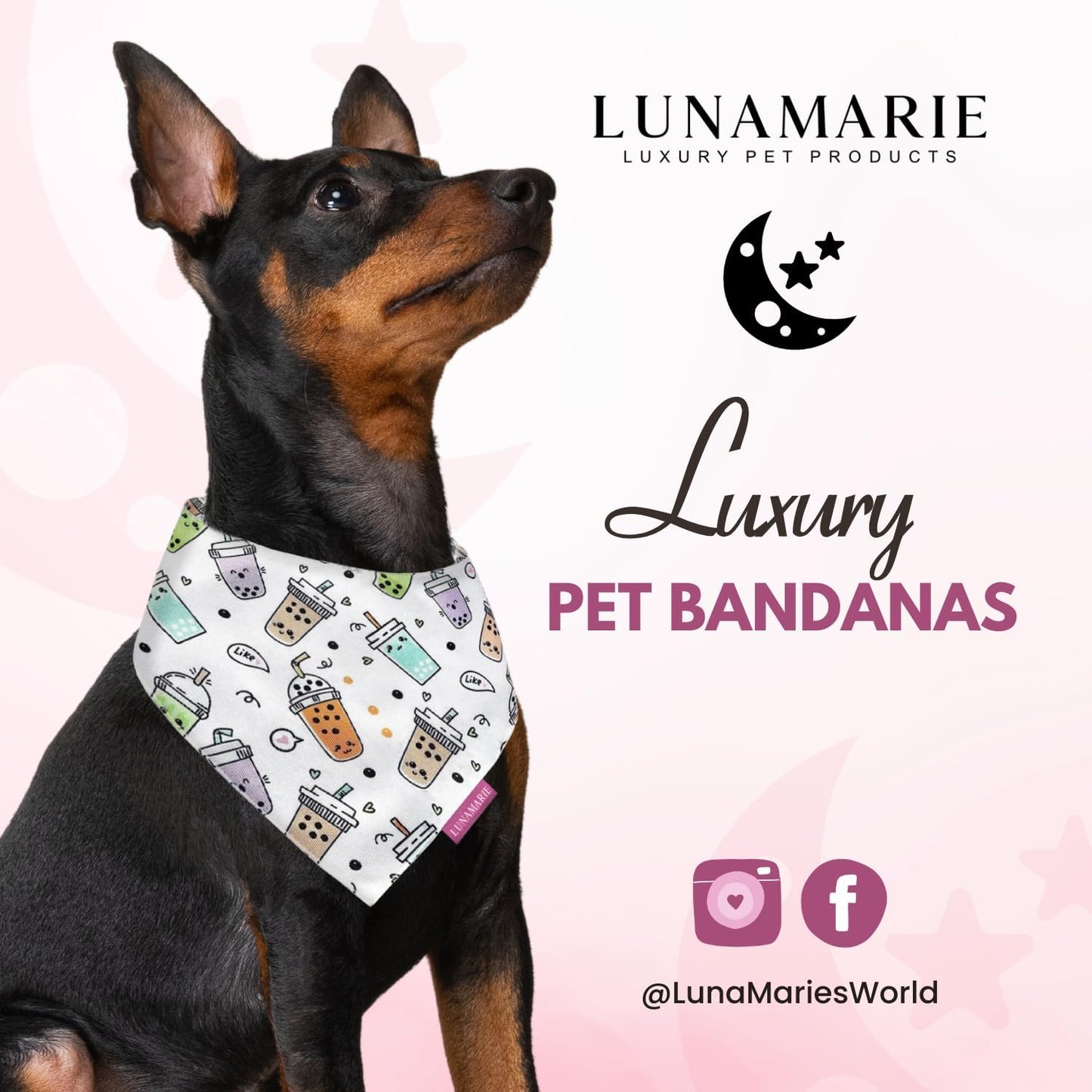LunaMarie - Luxury Pet Birthday Bandanas -Premium & Silky Poly Fabric | 100% Handmade | Custom Shape Dual Layered (Boba, Small)