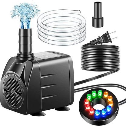 Submersible Pump, Small Fountain Pump with Tubing, Submersible Water Pump for Aquarium Fish Tank Indoor or Outdoor Pond Fountain Hydroponics Statuary (10W 160GPH, With Led Light)